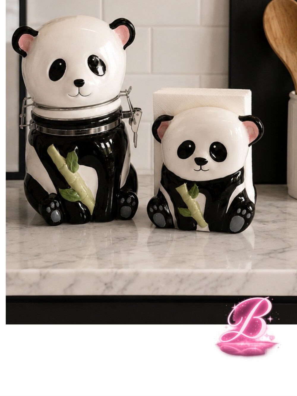 🇺🇸 Boston Warehouse Ceramic Panda Cookie Jar + Napkin Holder Set - EUC